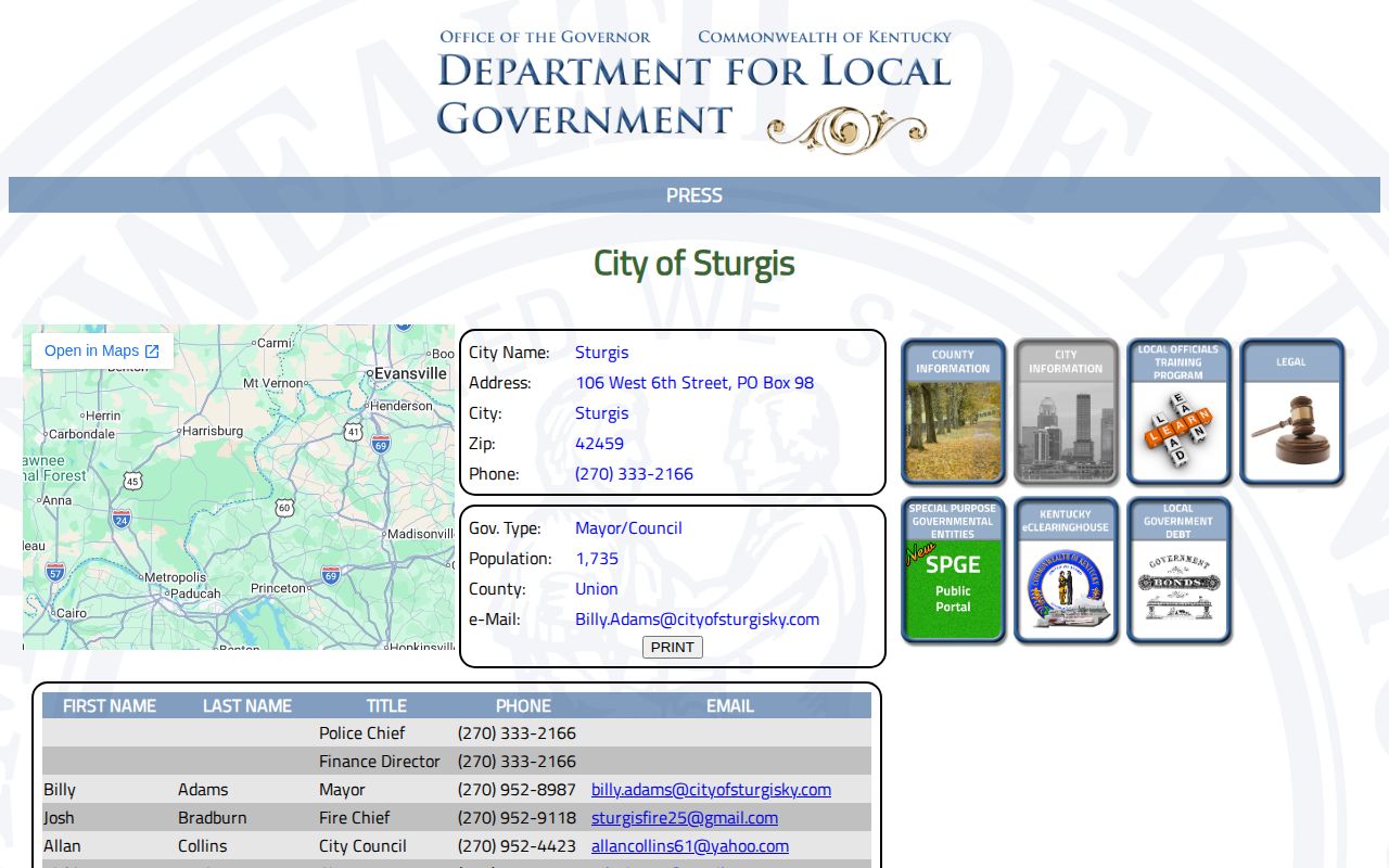 Official Sturgis city and police directory for Union County arrest records