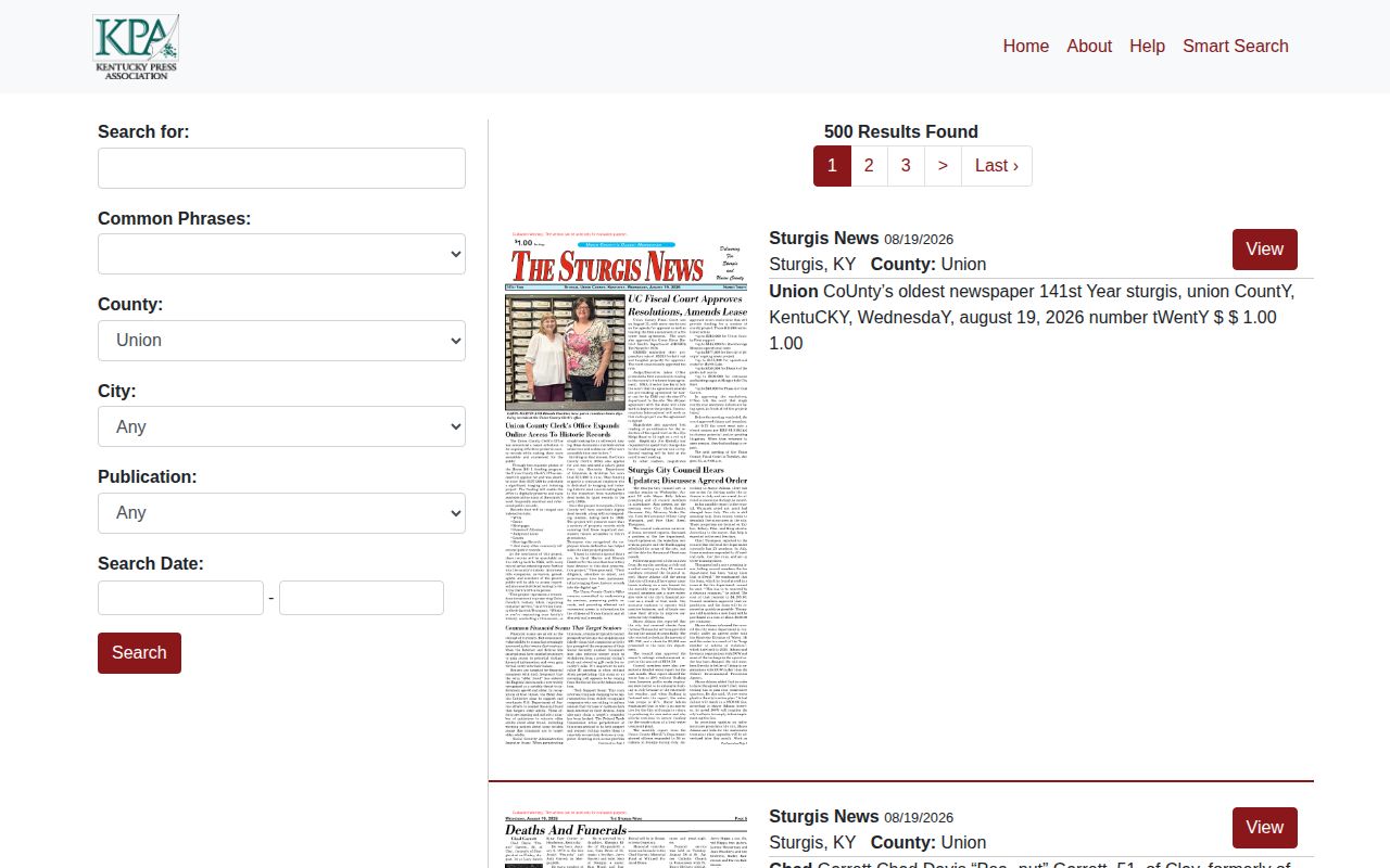 Union County public-notice search used by The Sturgis News